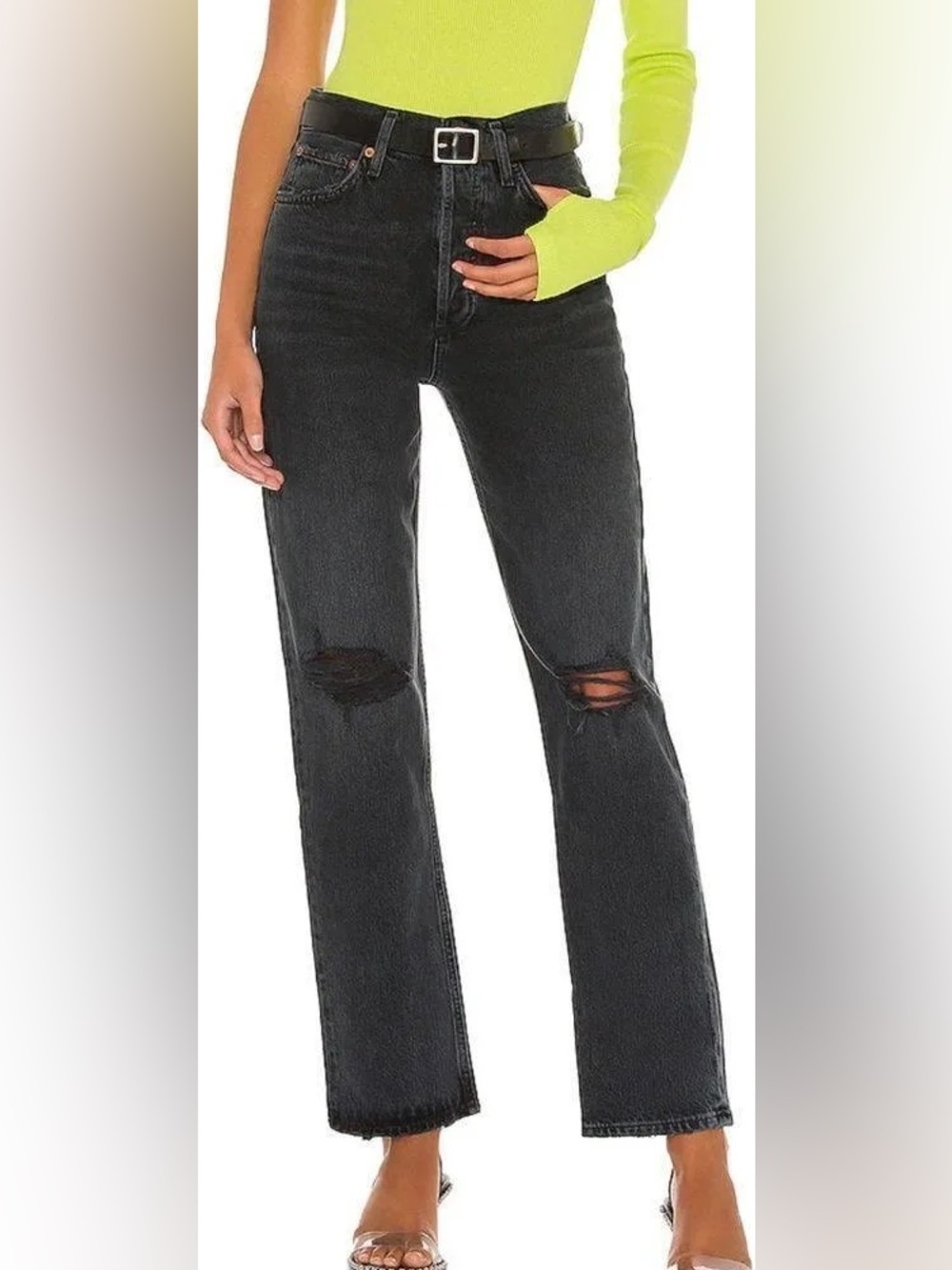 AGOLDE 90s Pinch Waist High Rise Straight Jeans Howl Distressed Black 27